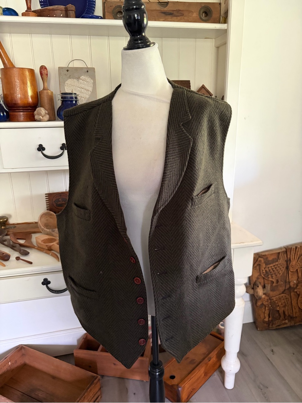 Orvis Olive Green Wool Herringbone Vest